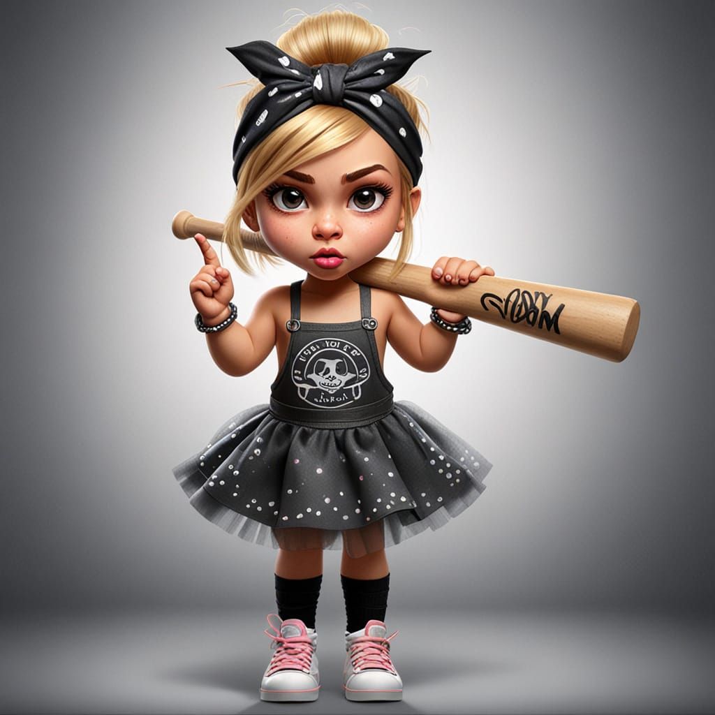 Mischievous Cartoon Girl with Baseball Bat in Punk Style