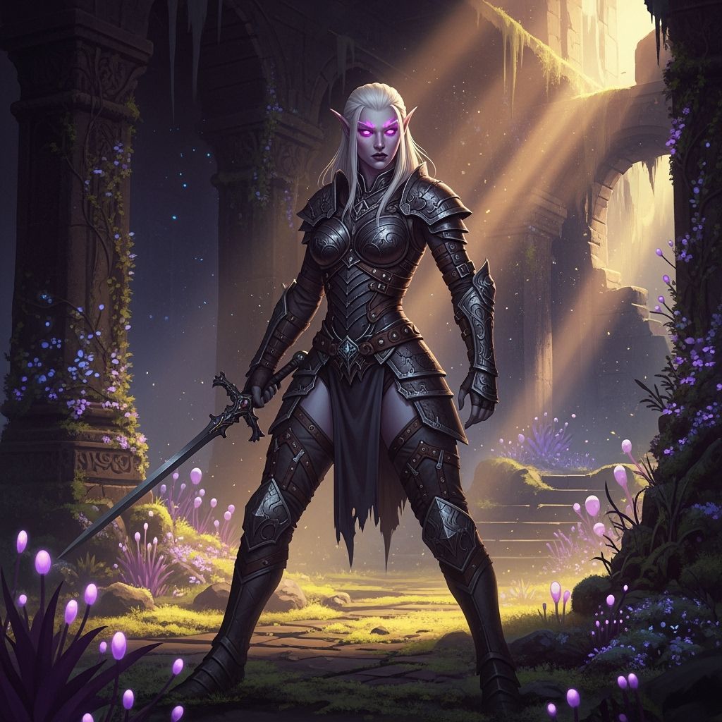 Albino Drow Elf Warrior in Overgrown Temple