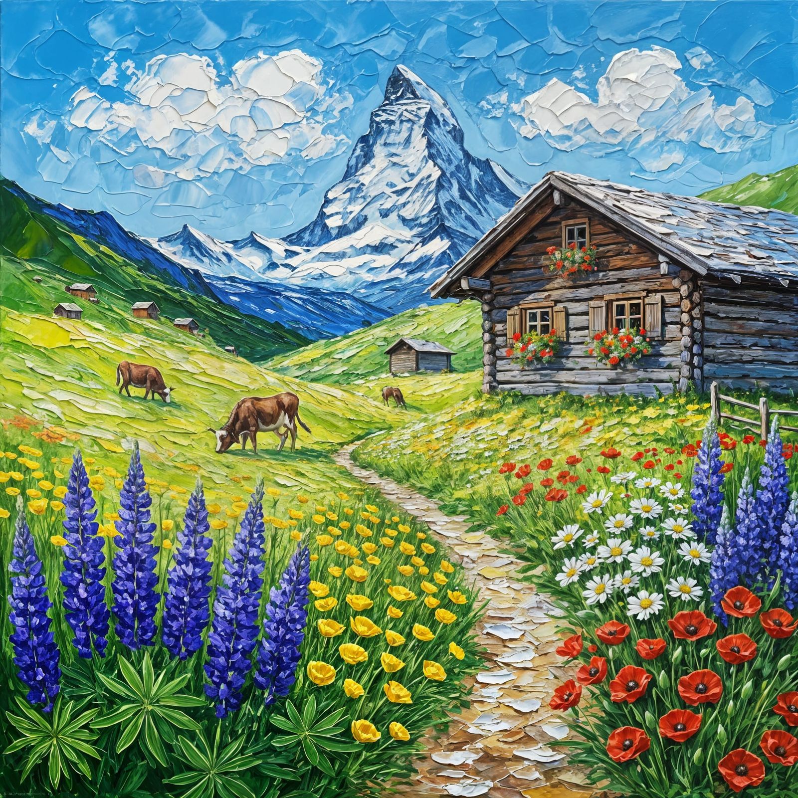 Vibrant Impasto Oil Painting of Alpine Meadow in Spring Bloo...