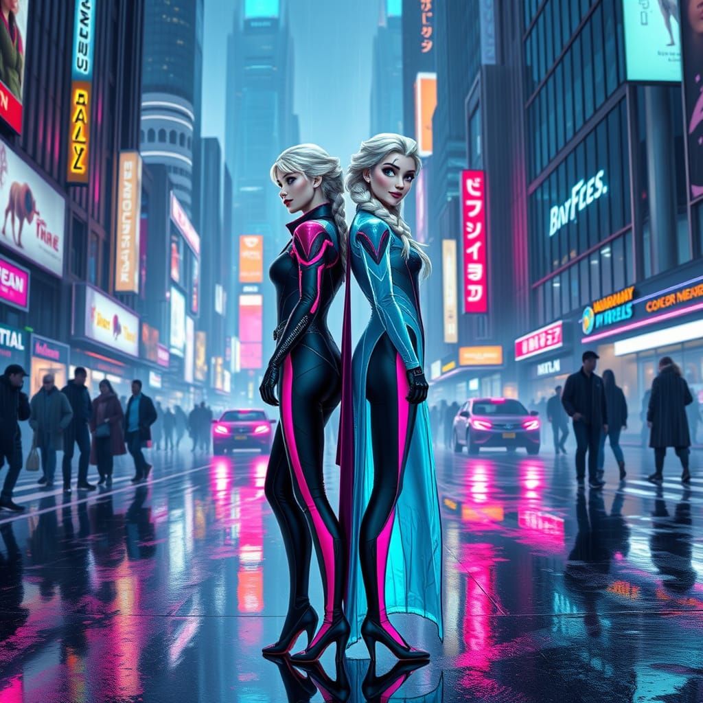 Cyberpunk Disney Princesses: Elsa and Anna in a Futuristic C...