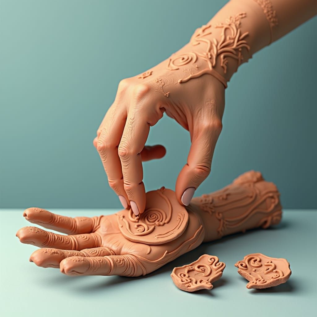 Clay Hands Mending in Art Nouveau Style