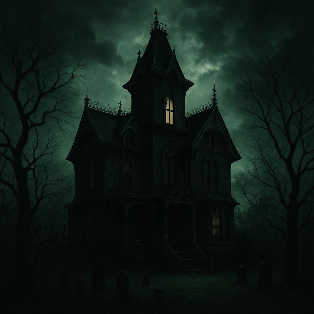 Gothic Victorian Mansion Under Green Stormy Night Sky