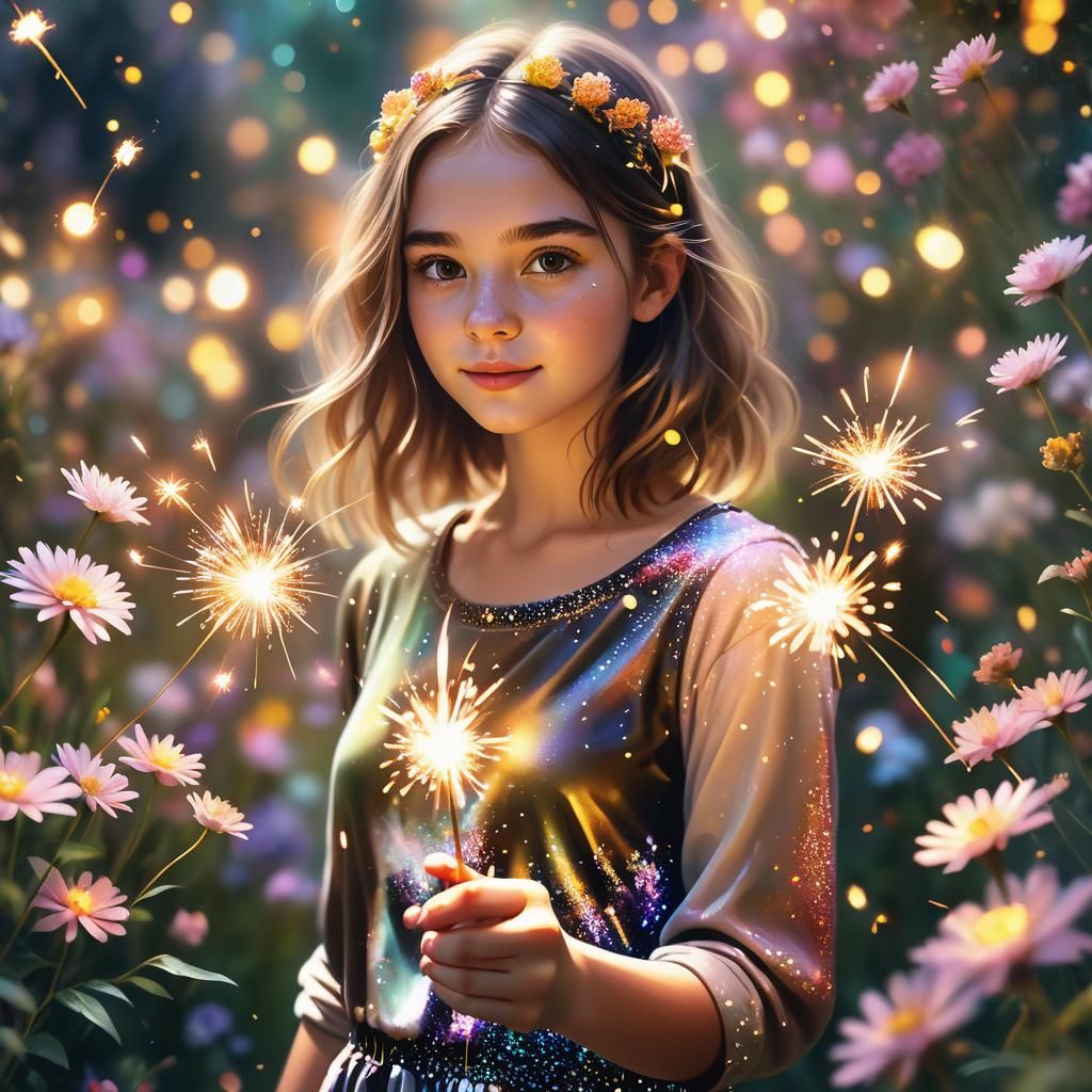 Girl with Sparkler in Magical Garden, Digital Art