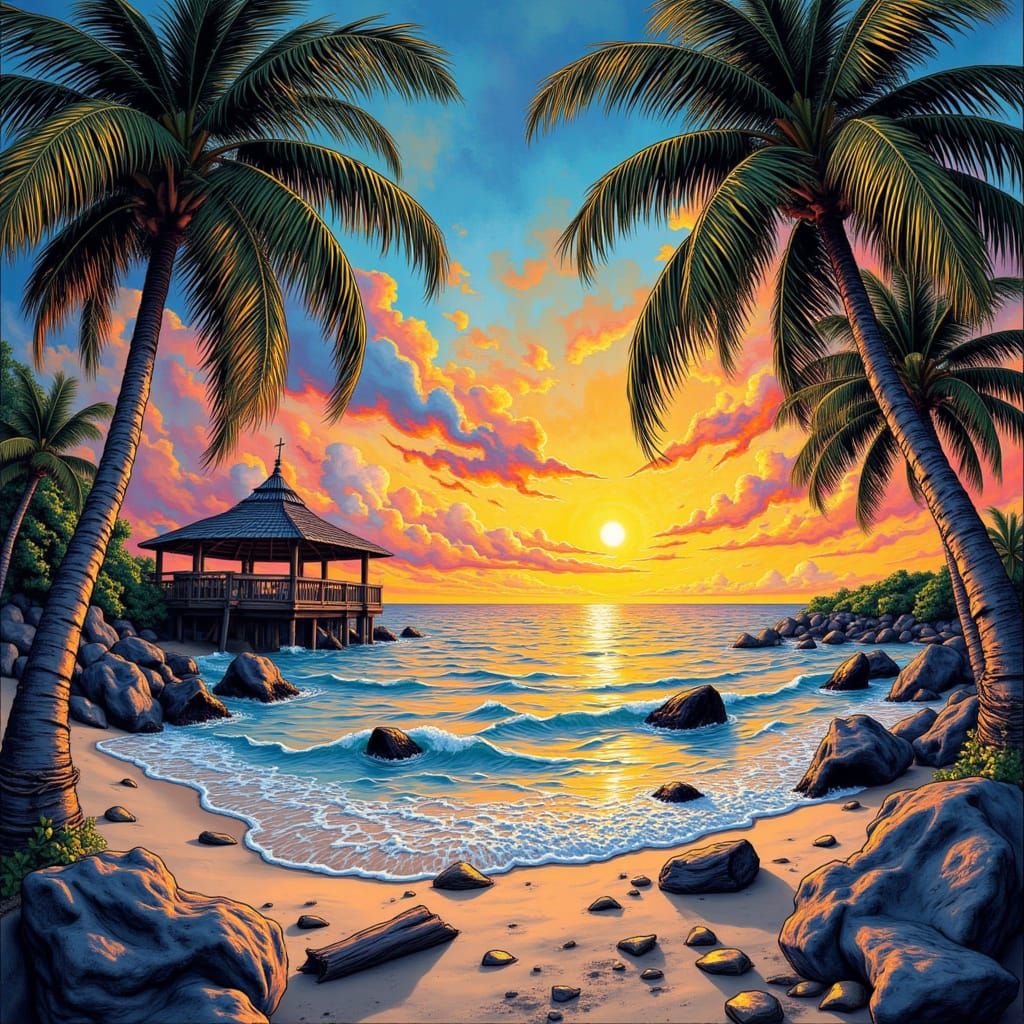 Tropical Beach Sunset with Fractured Renaissance Flair