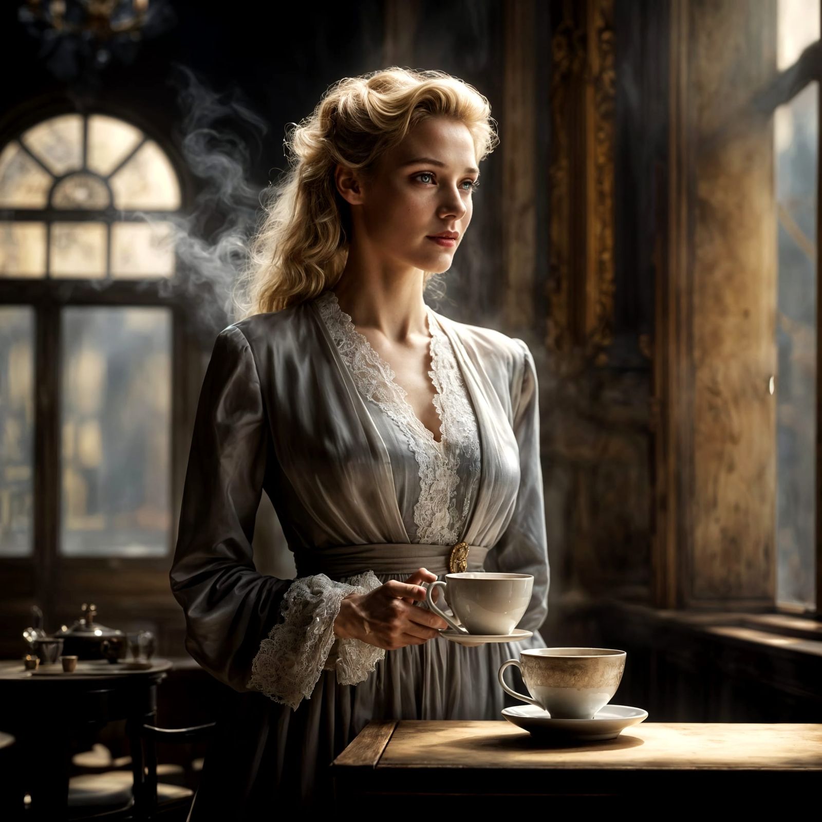 Beautiful Blonde Woman in Cafe: Photorealistic Portrait