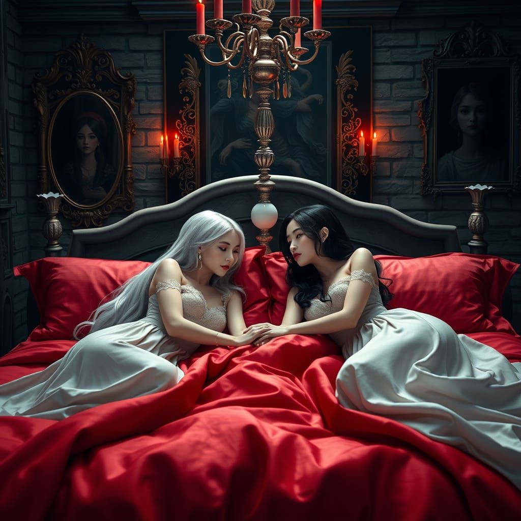 Elegant Gothic Dreamscape with Two Girls in White Nightgowns