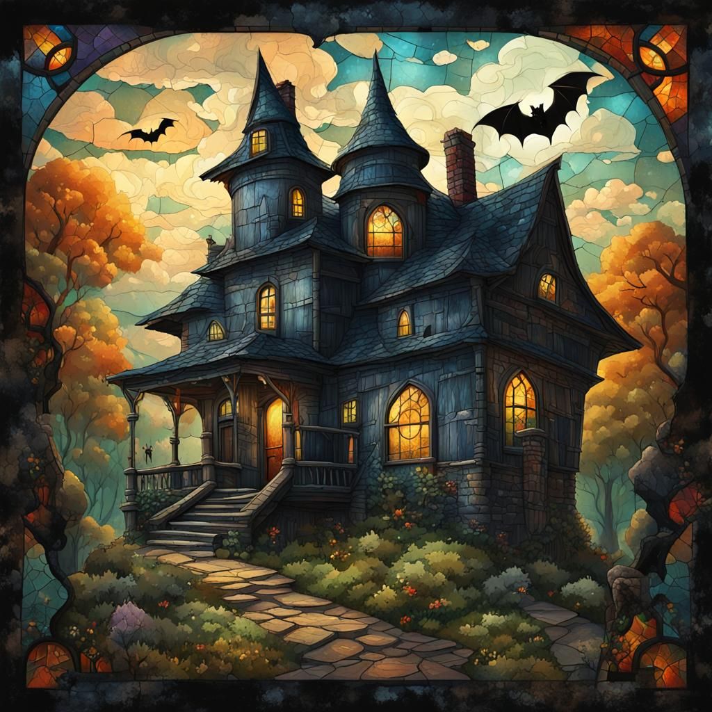 Fairytale Forest House with Black Cat, Oil Painting
