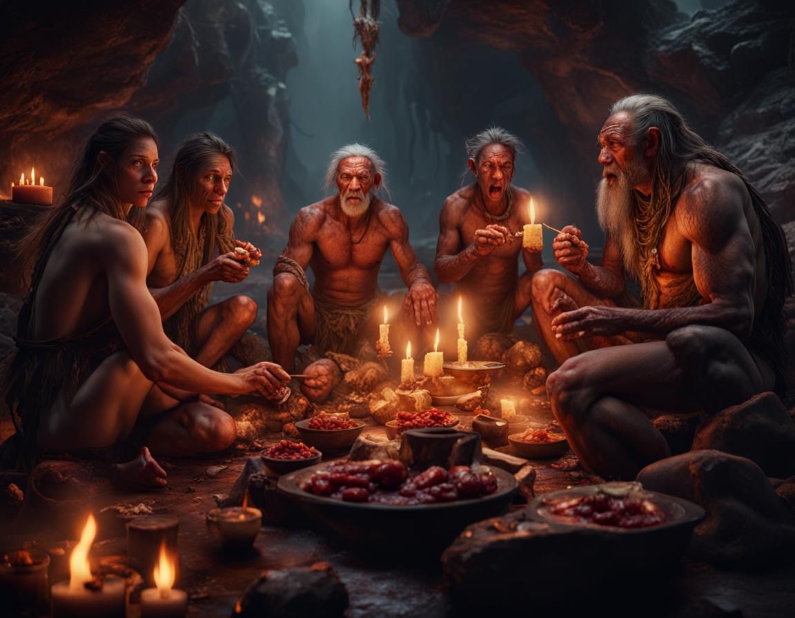 Cave People Feast by Candlelight: Fantasy Art