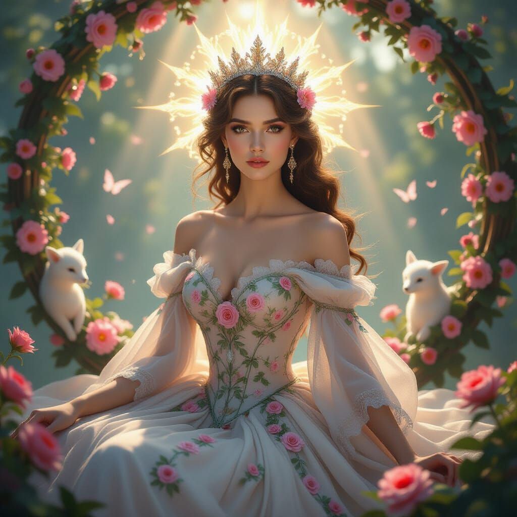 Ethereal Queen in Floral Gown with Mystical Creatures