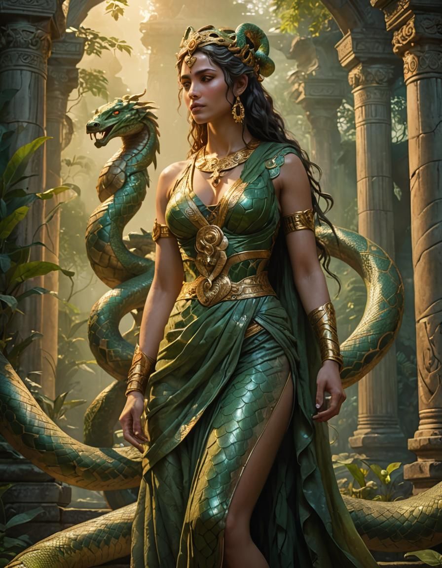 Goddess with Serpent in Ancient Temple