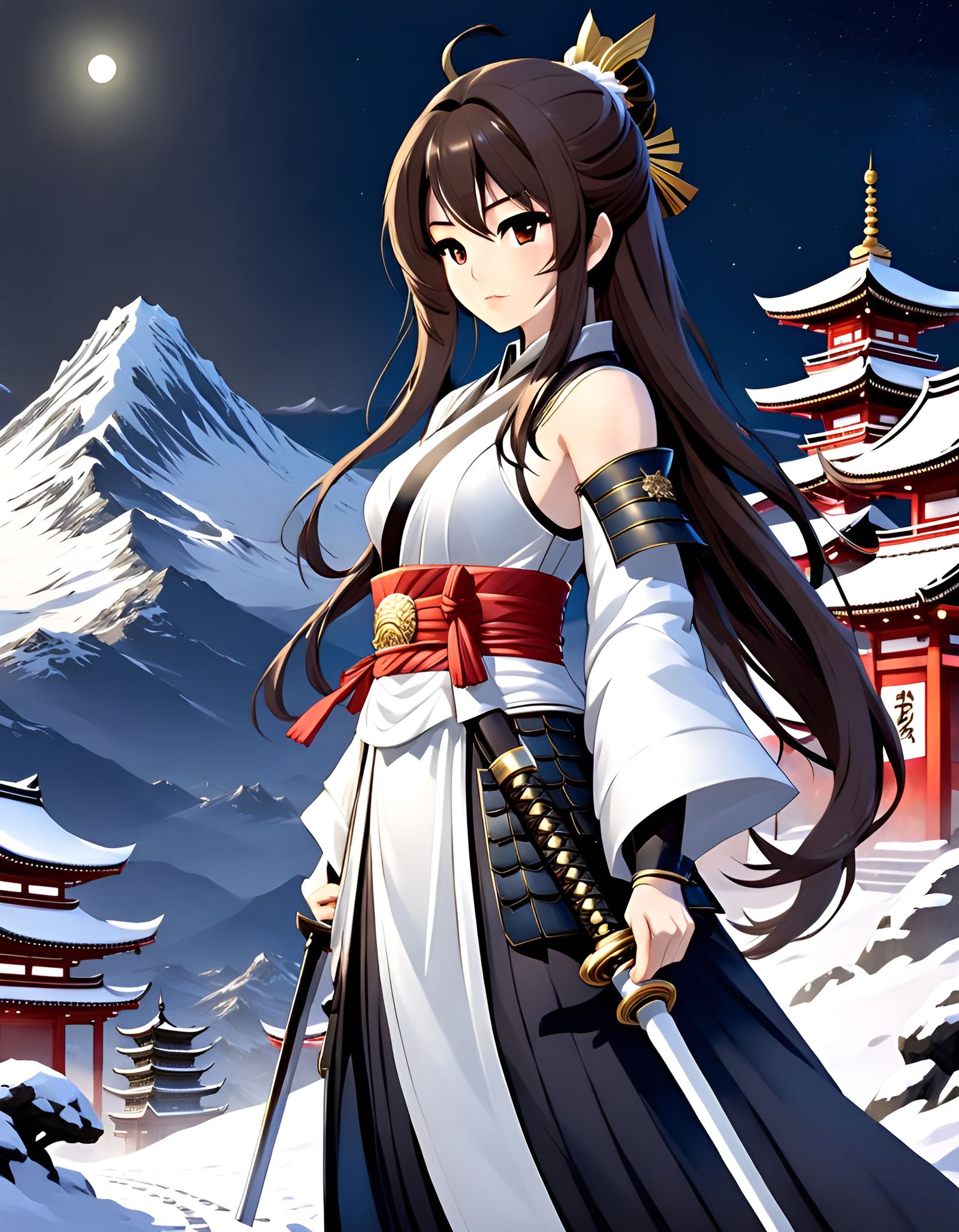 Anime Samurai Girl in Snowy Mountain Shrine
