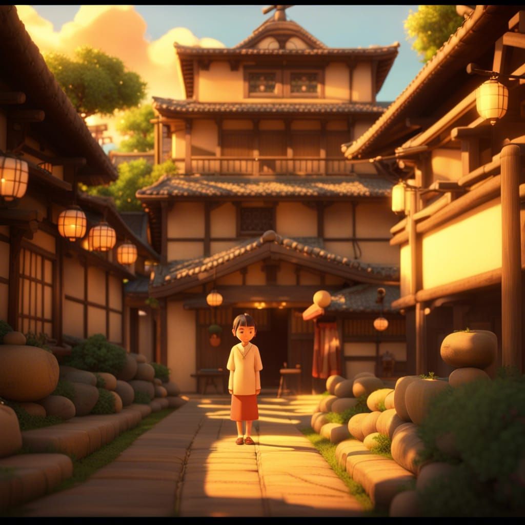 Pixar-Style Japanese Village in Golden Hour