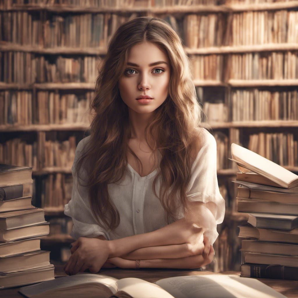 Beautiful Girl in Library, Realistic Photography