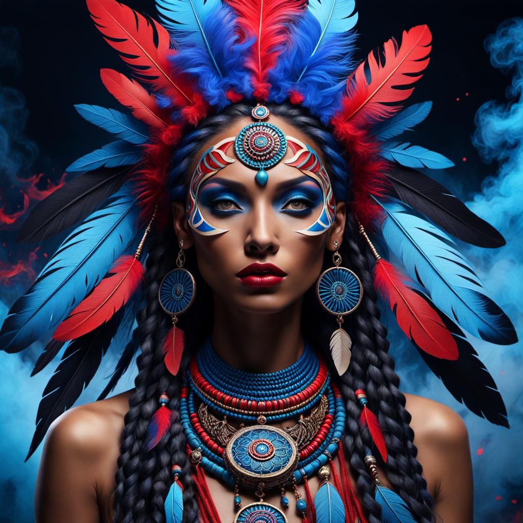 Shaman with braided hair and feathers