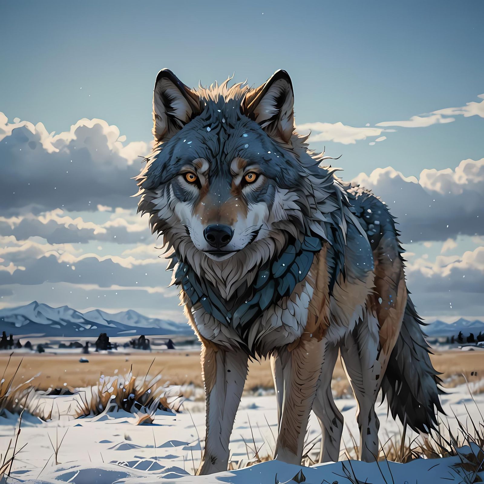 Anime Wolf in Snowy Prairie Plain