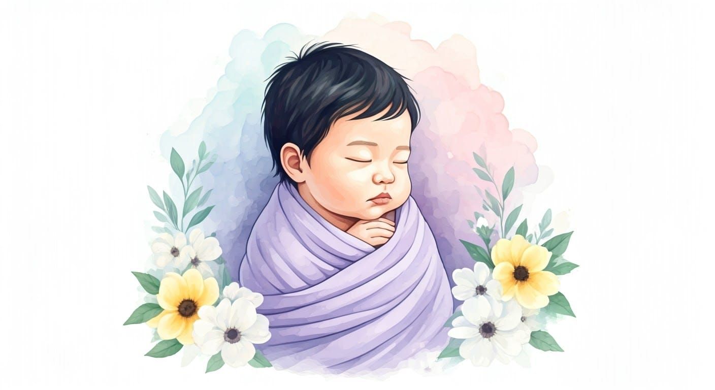 Peaceful Asian Baby in Watercolor with Floral Accents