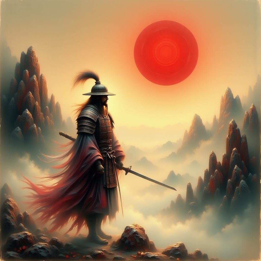 Zen Warrior Under Red Sun in Ukiyo-e Style