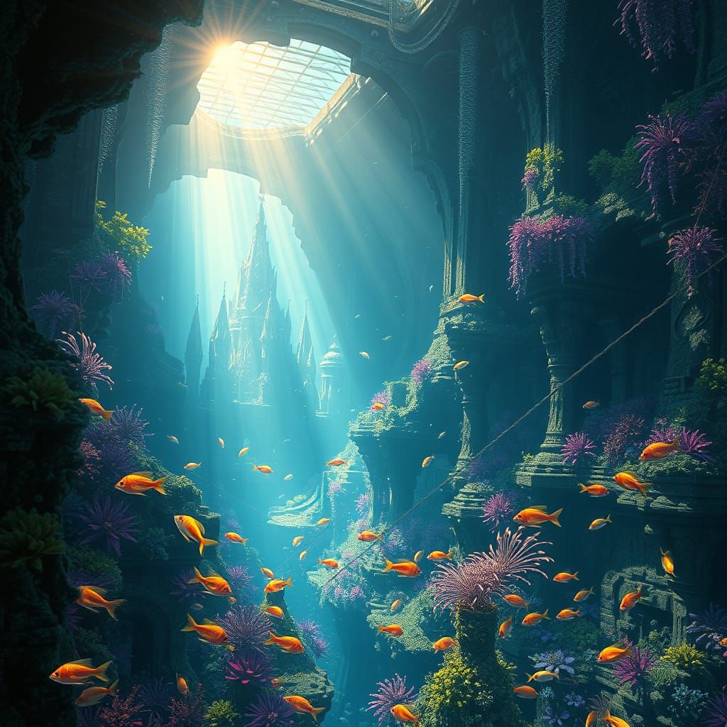 Ethereal Underwater Metropolis in Ancient Glorious Ruins
