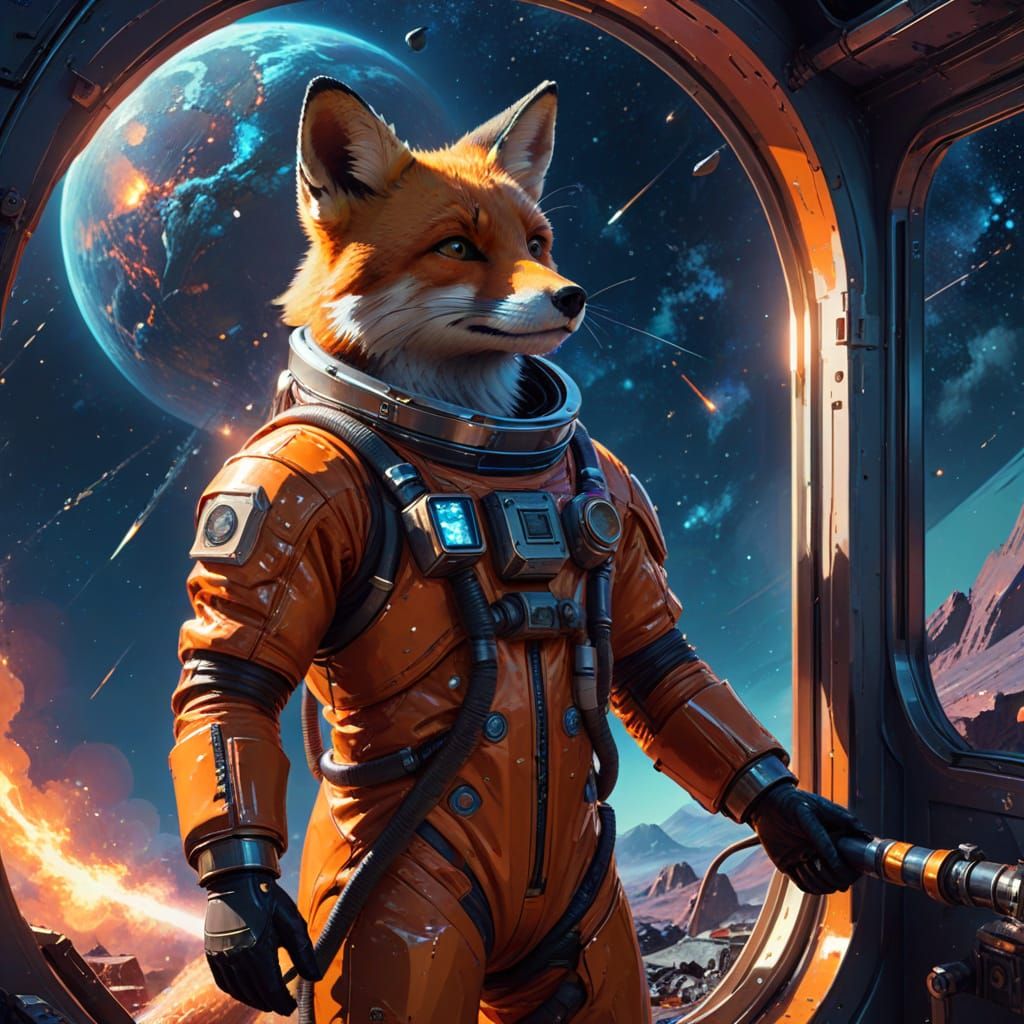 Fox Astronaut in Retro Futuristic Sci-Fi Scene