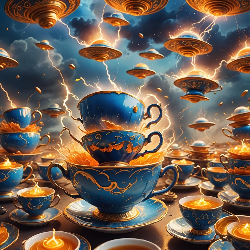 Teacup Lightning Storm Surrounded by Flying Saucers