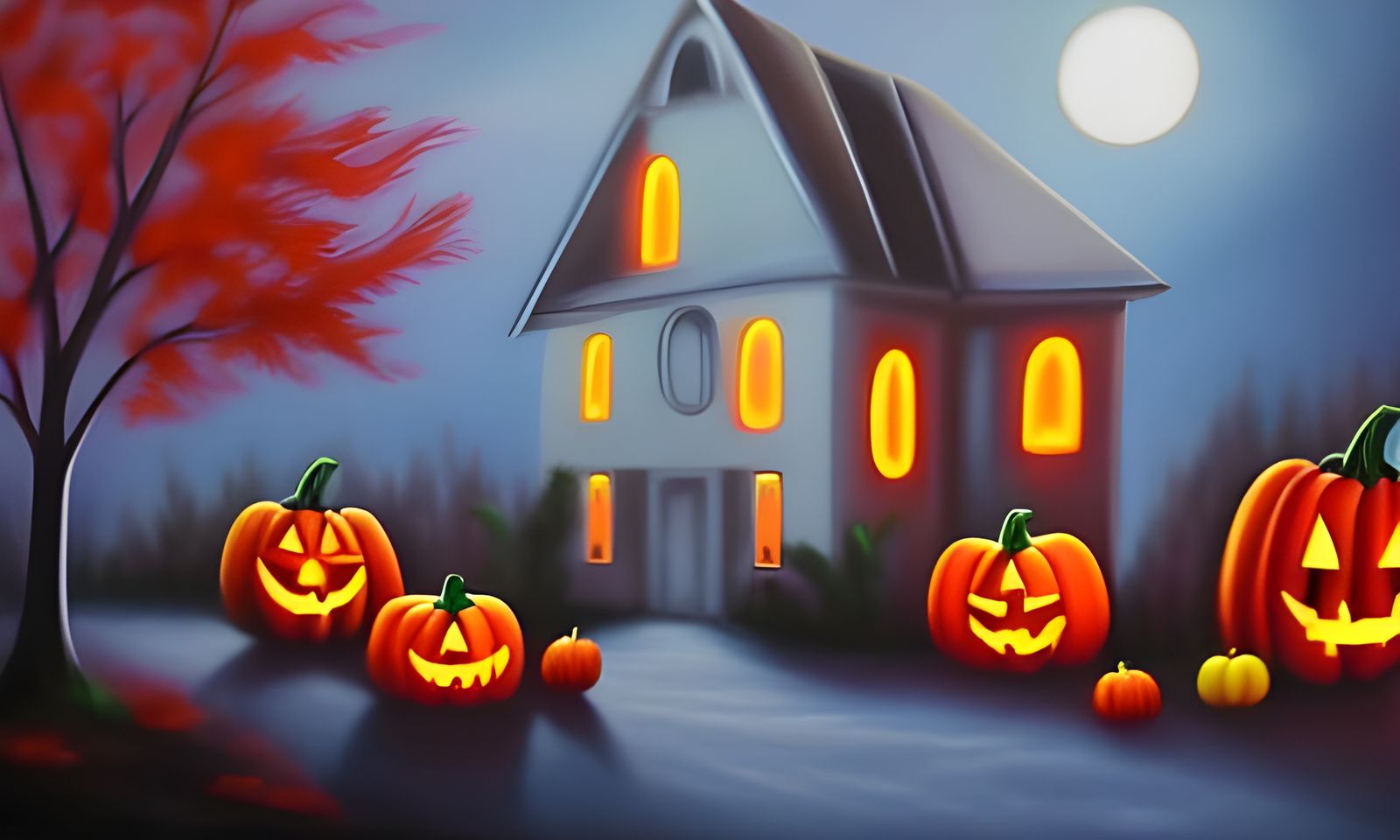 Glowing Neon Halloween Scene Oil Painting