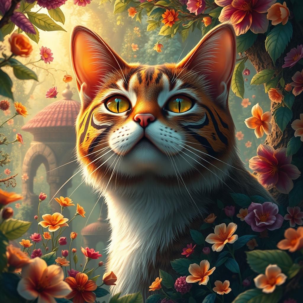 Giant Cat in Fairy Village, Art Nouveau Style