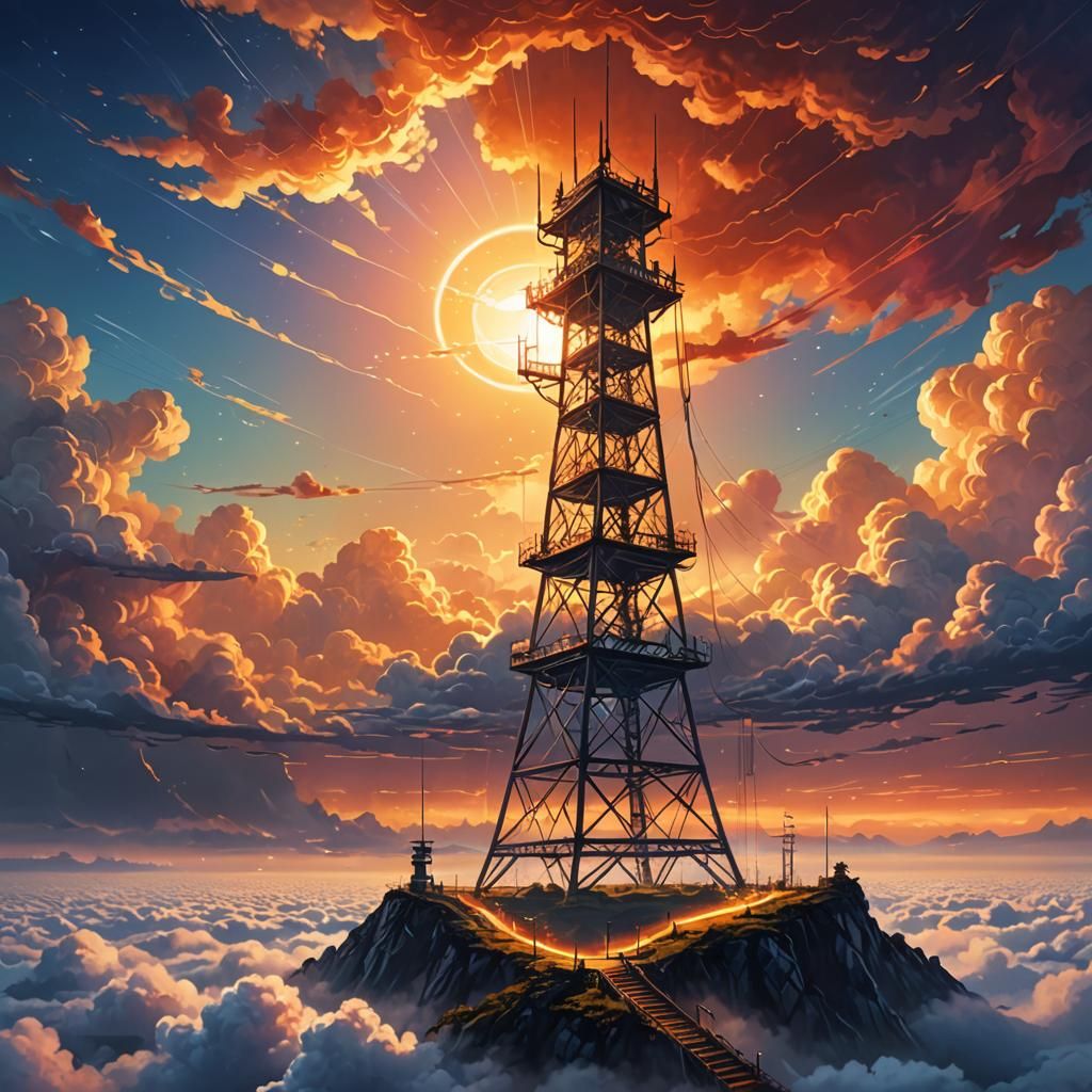 Futuristic Electric Tower Above Clouds at Sunset