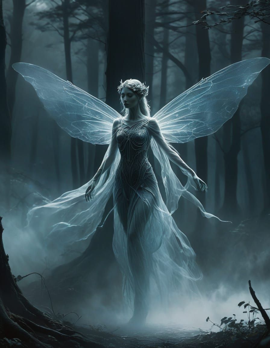 Ethereal Mist Fairy Emerges in Foggy Forest Concept Art