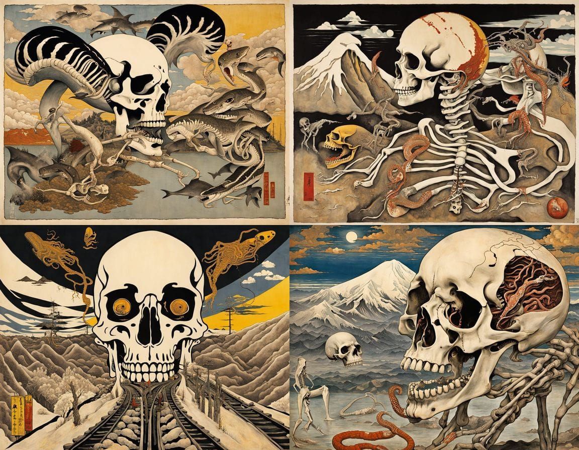 Surreal Japanese Railway Station in Ukiyo-e Style