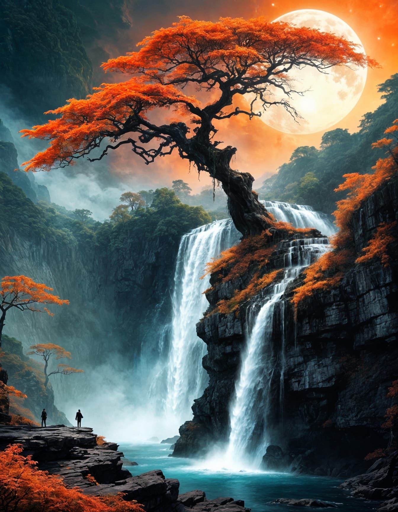 Bioluminescent Lagoon with Waterfall, Fantasy Digital Painti...