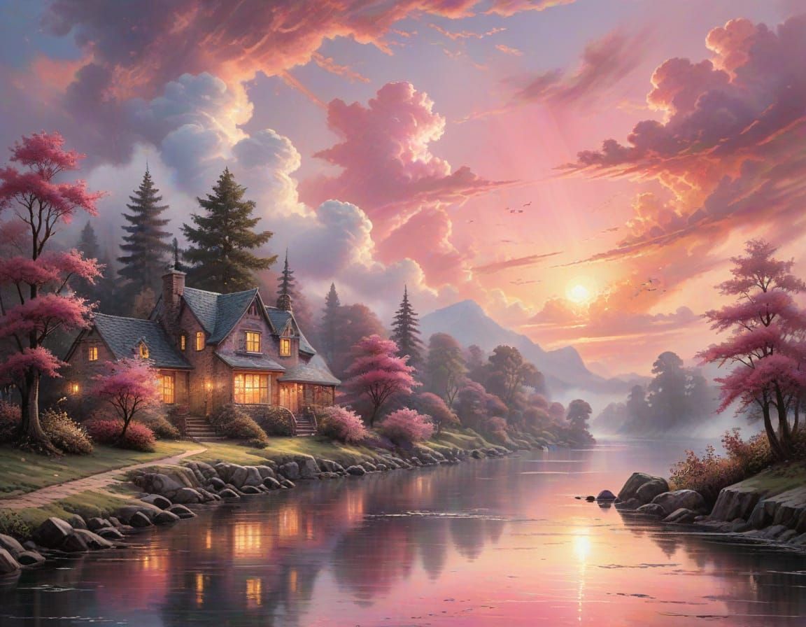 Brilliant Pink Sunset Over Calm River