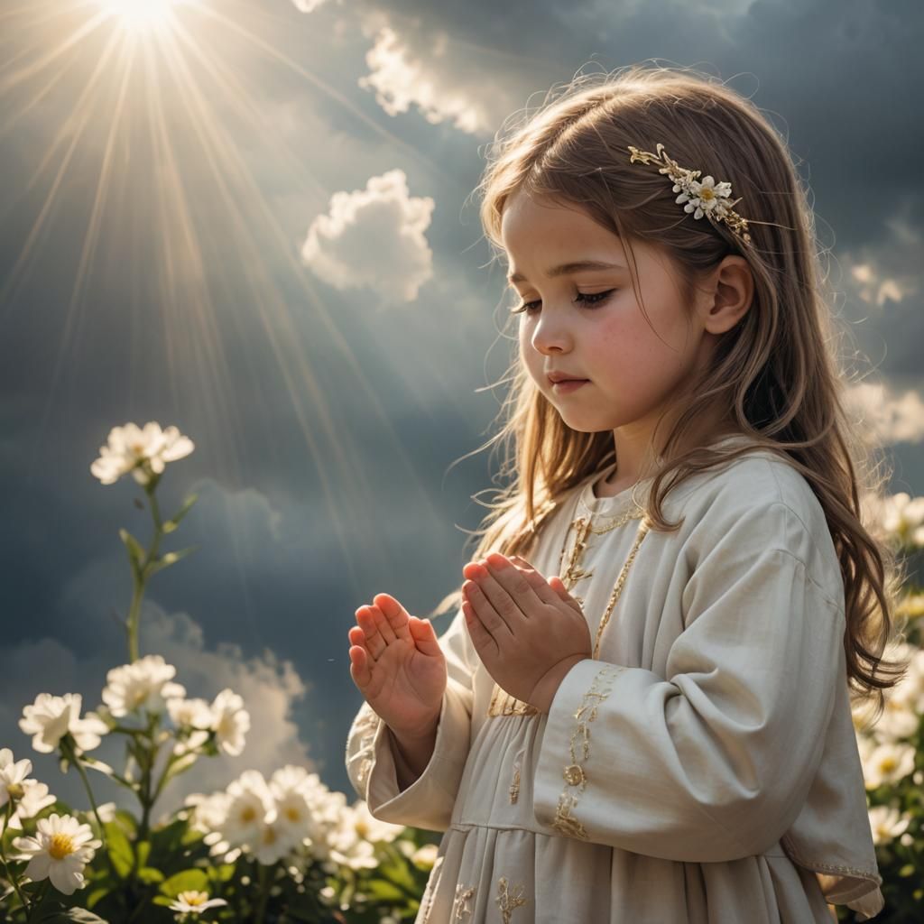 Little Girl Praying in Heavenly Sunshine