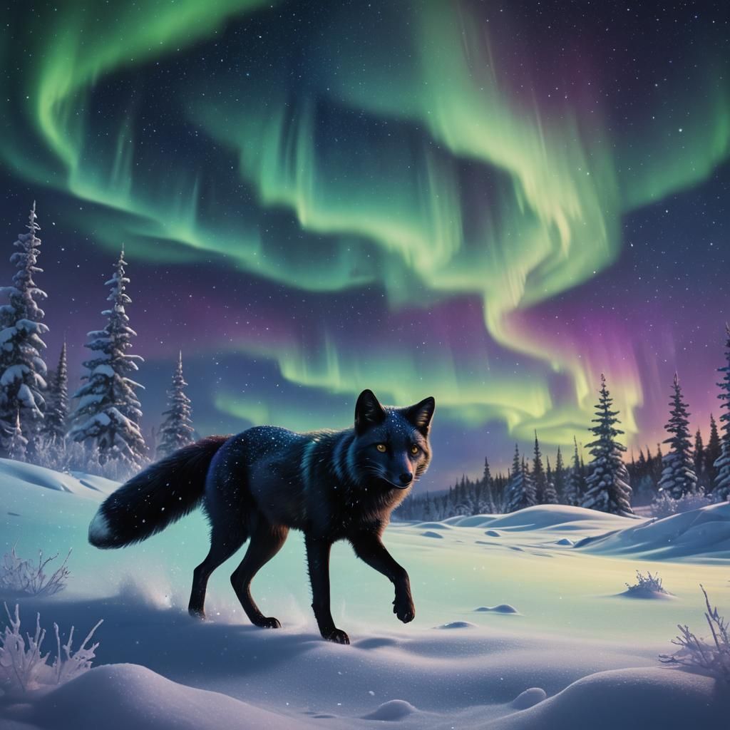 Black Fox Under Northern Lights, Digital Matte Painting