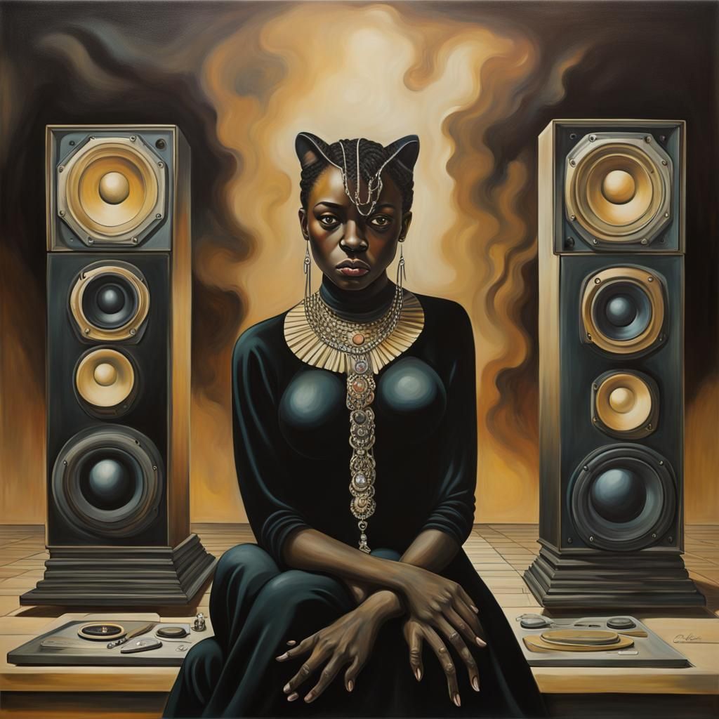 Black Panther with Soul Records: Surrealist Oil Painting