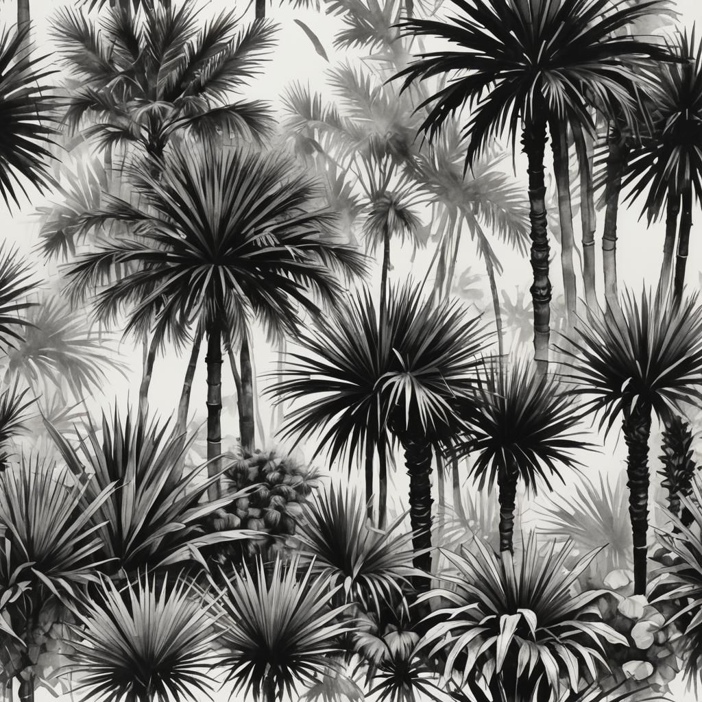 Fan Palms in Black and White Sumi-e Style