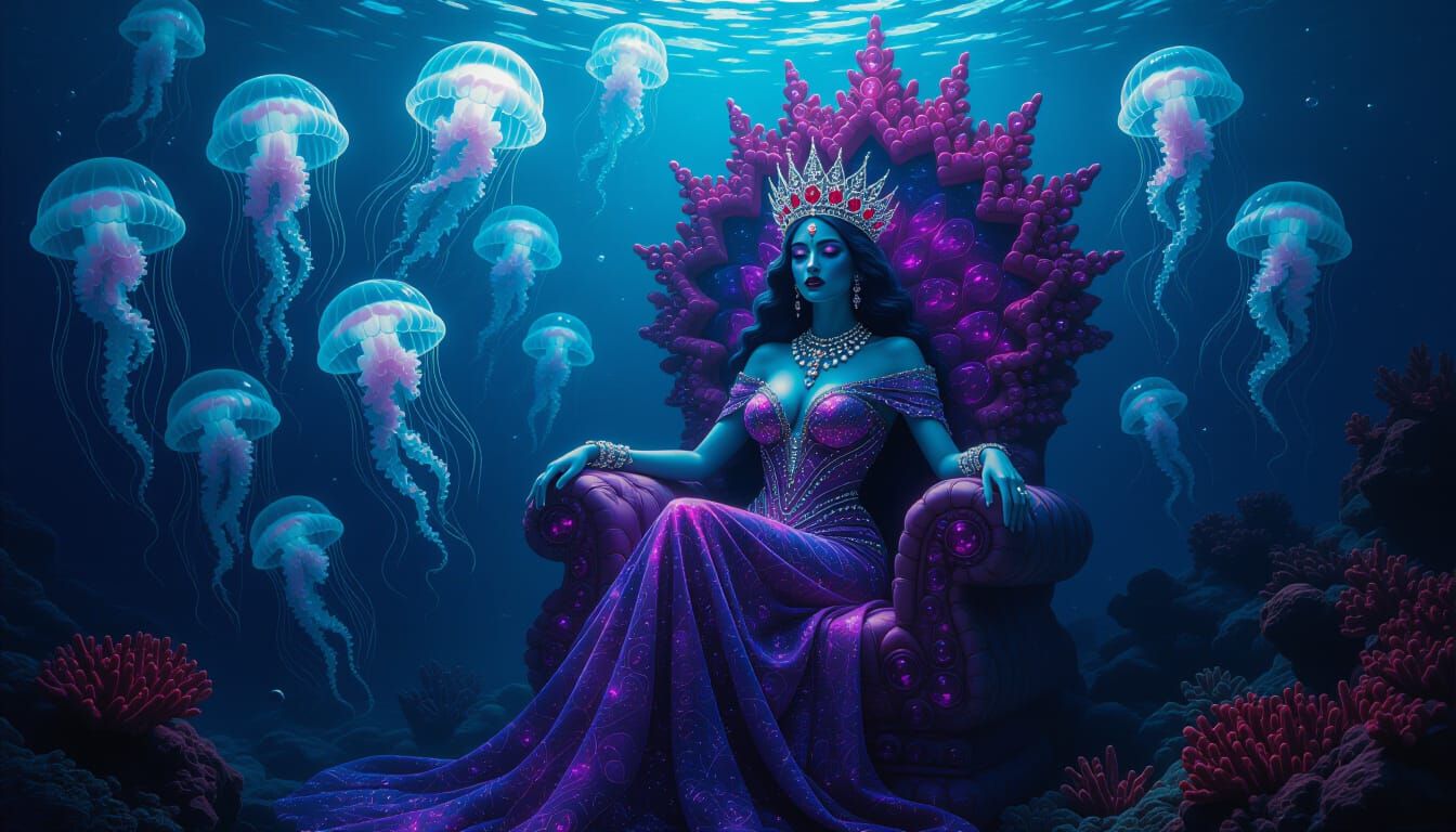 Deep Sea Queen with Bioluminescent Skin and Coral Crown