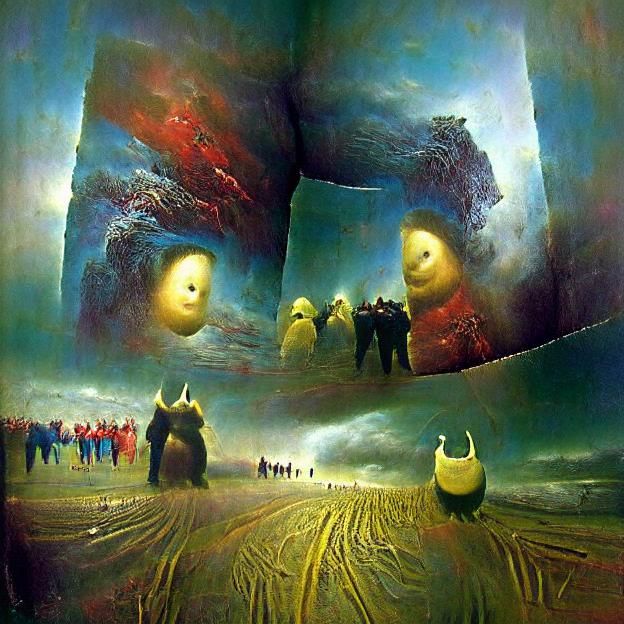 Teletubbies in Celestial Corridor: Beksiński Style