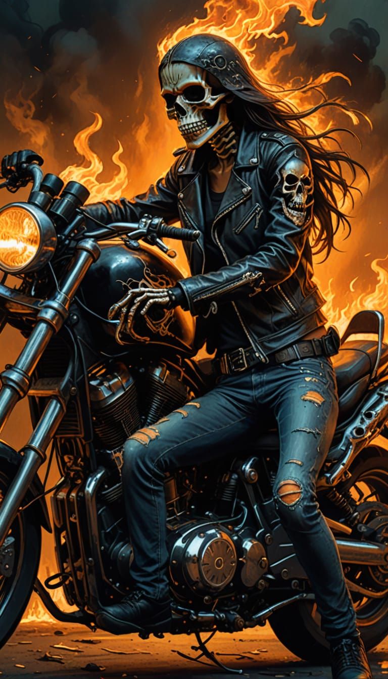 Skeleton Biker with Passenger in Dark Fantasy Art