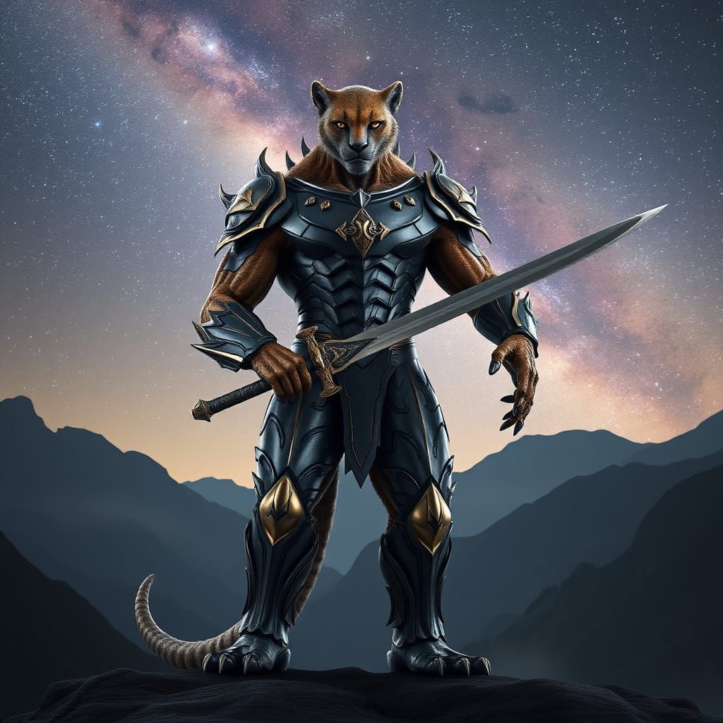 Majestic Cheetah-Human Hybrid Stands Tall in Dark Mountain R...