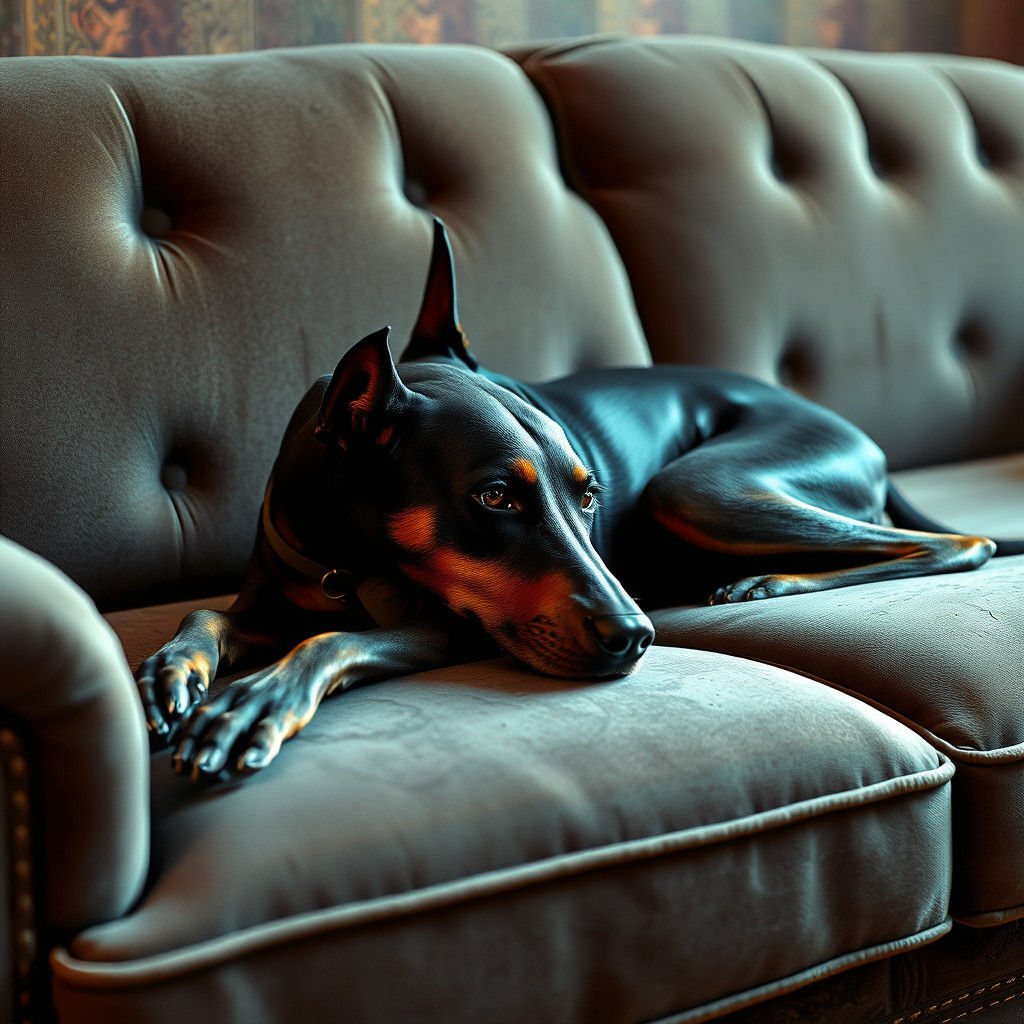 Mystical Doberman on Vintage Sofa in 8k