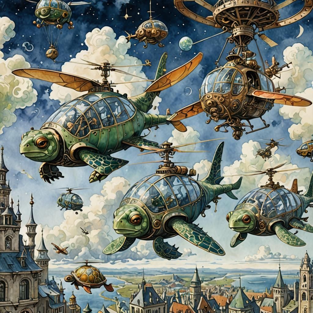 Surreal Steampunk Turtle Watercolor Illustration