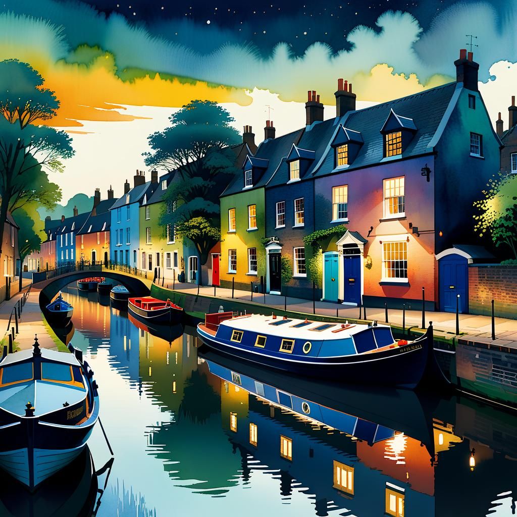 Quaint Canal Side Houses in Watercolour Style