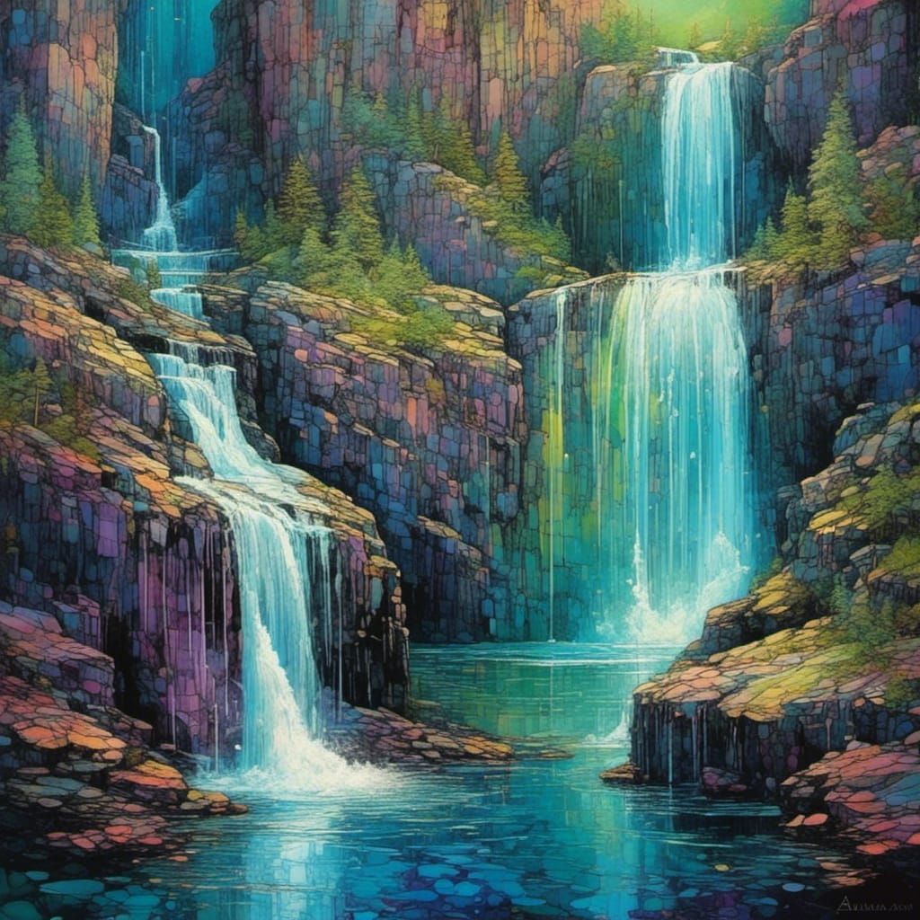 Watercolor and Alcohol Ink :  Tall Cliffside Waterfall Flowi...