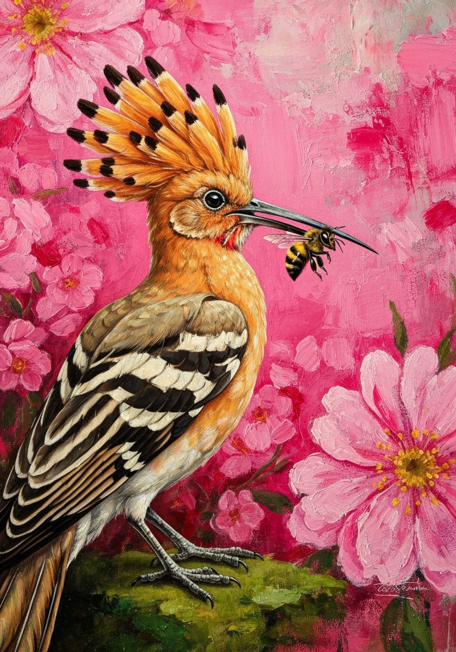 Baroque Hoopoe Bird with Bee, Impasto Oil Painting