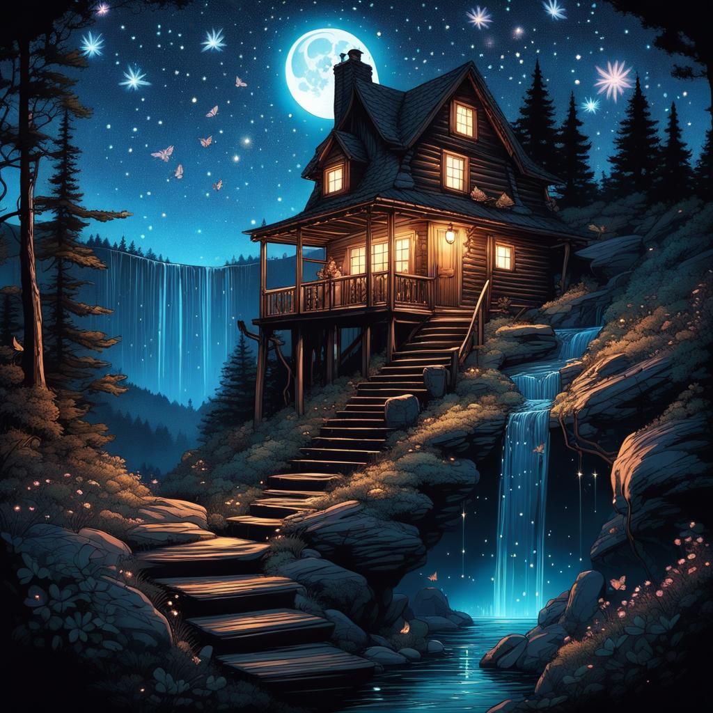 Cozy Cabin Under Starry Night with Luminescent Waterfall