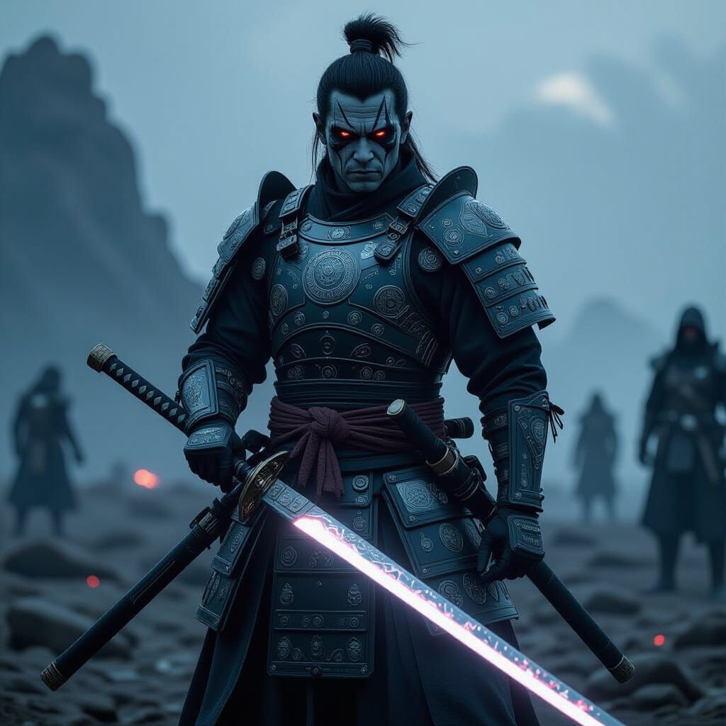 Gaunt Samurai Warrior on Alien Battlefield in Sci-Fi Armor