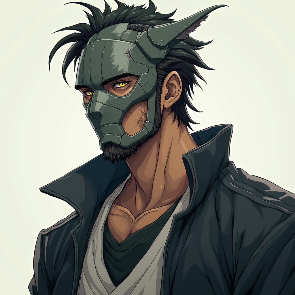 Mysterious Anime Warrior with Ancient Cyberpunk Mask