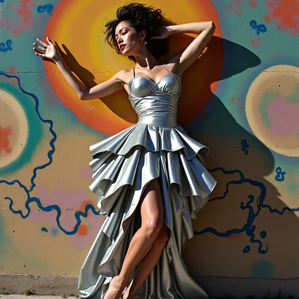 Metallic Dress and Abstract Mural: Avant-Garde Fashion