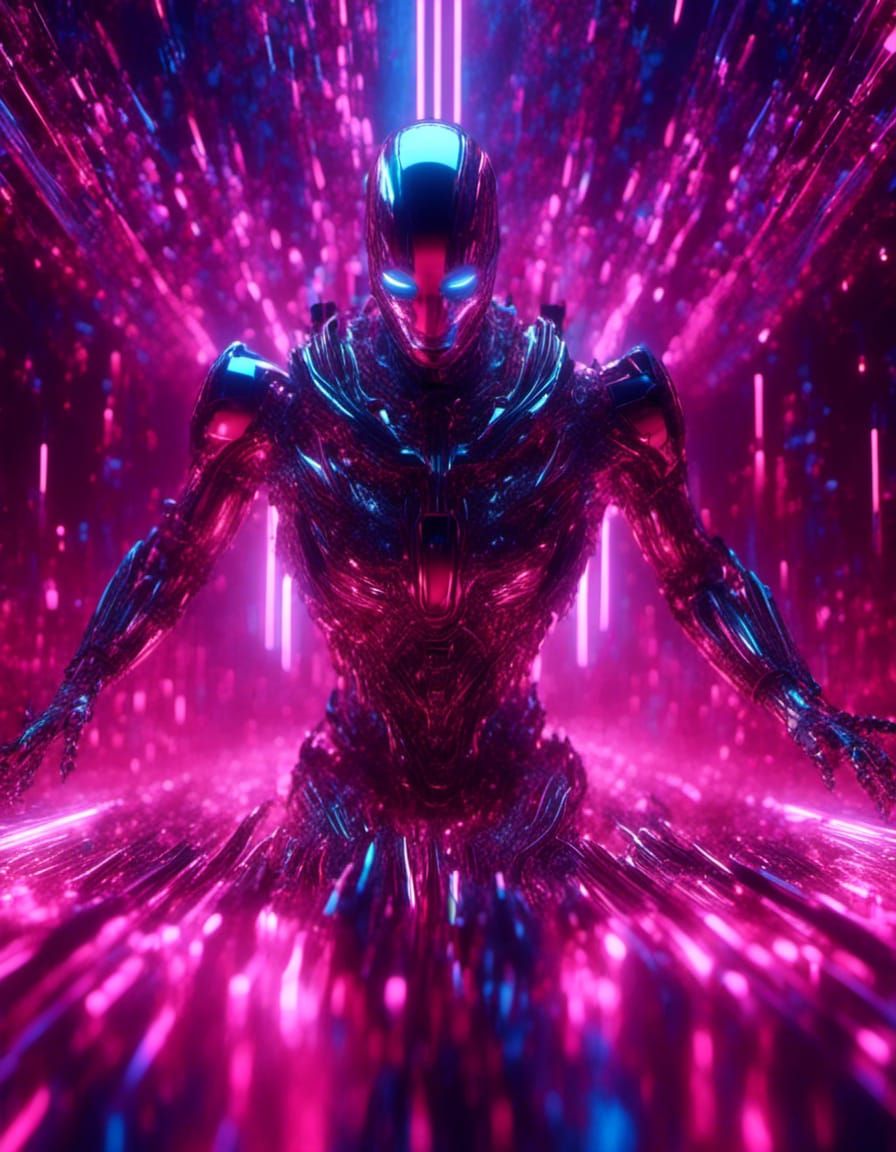 Colossal robot in a surreal metallic display, among a Neon-lit crowd of gravity-defying figures,Ultrafine Detailed Digit...