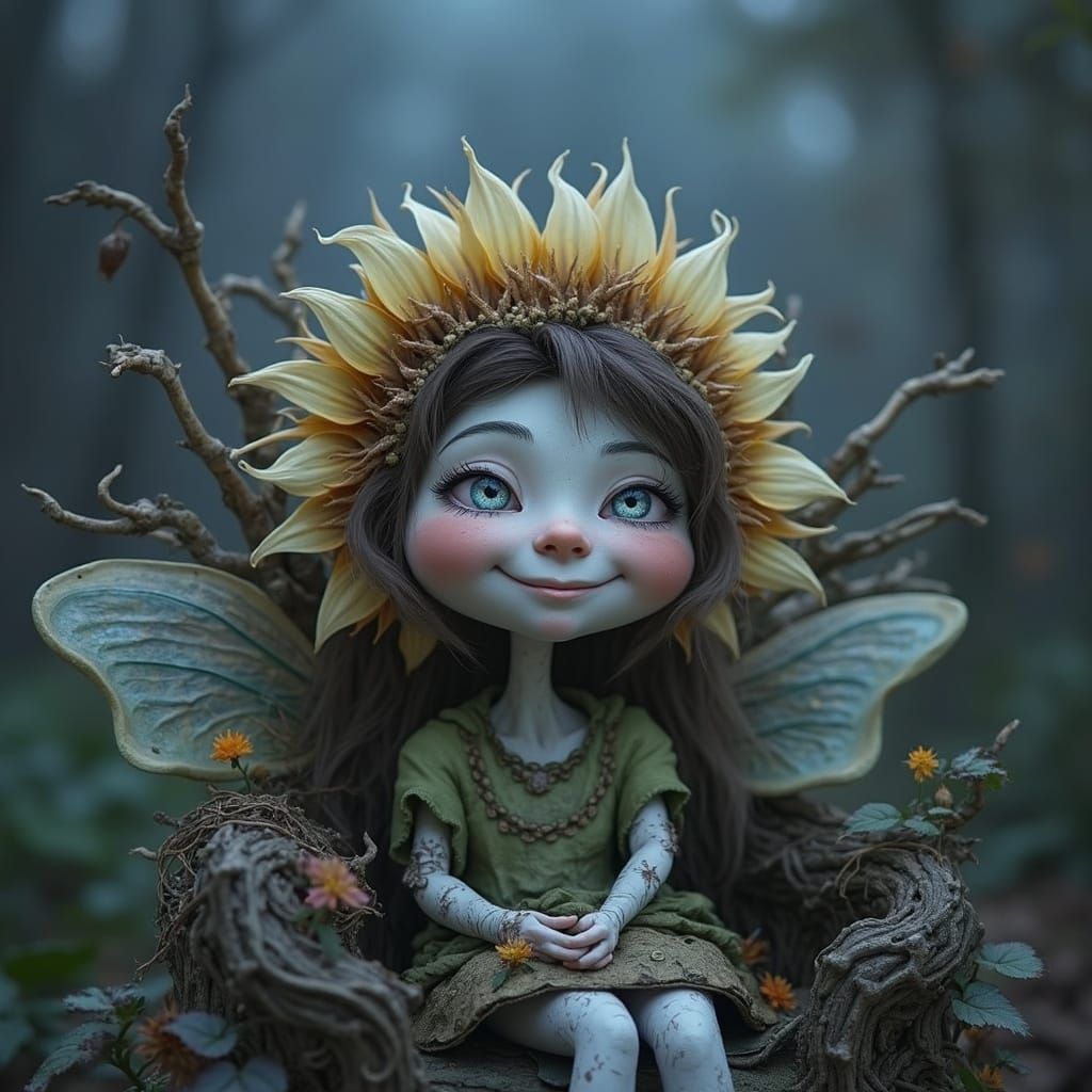 Vibrant Fae Fairy with Iridescent Wings and Sunflower Crown
